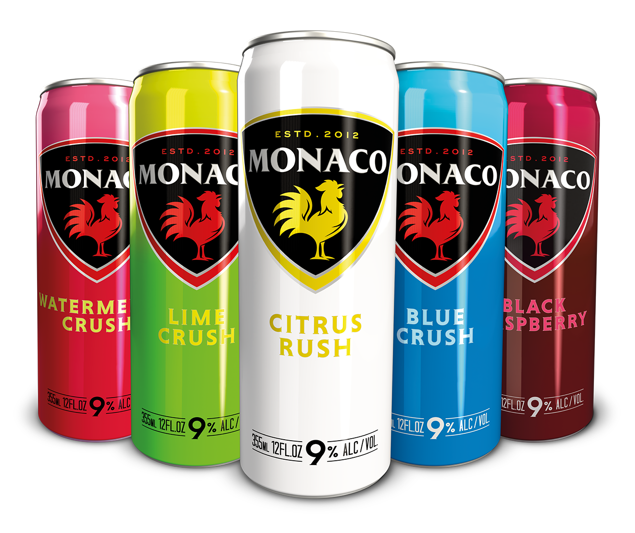 Five Monaco flavored alcoholic beverage cans displayed together, featuring Watermelon Crush, Lime Crush, Citrus Rush, Blue Crush, and Black Raspberry.